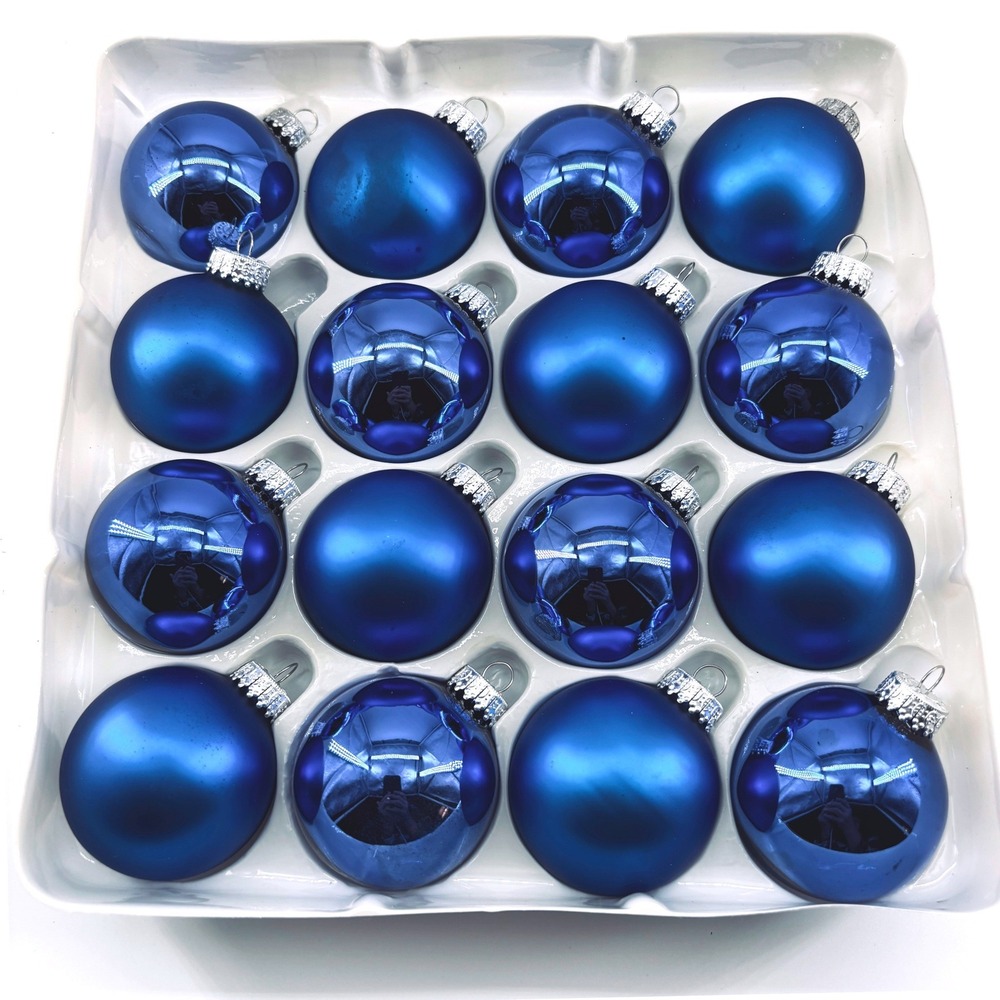 Marine Blue Blown Glass Mini Christmas Ornaments Set of 16 Mix Matte & Shiny Vtg